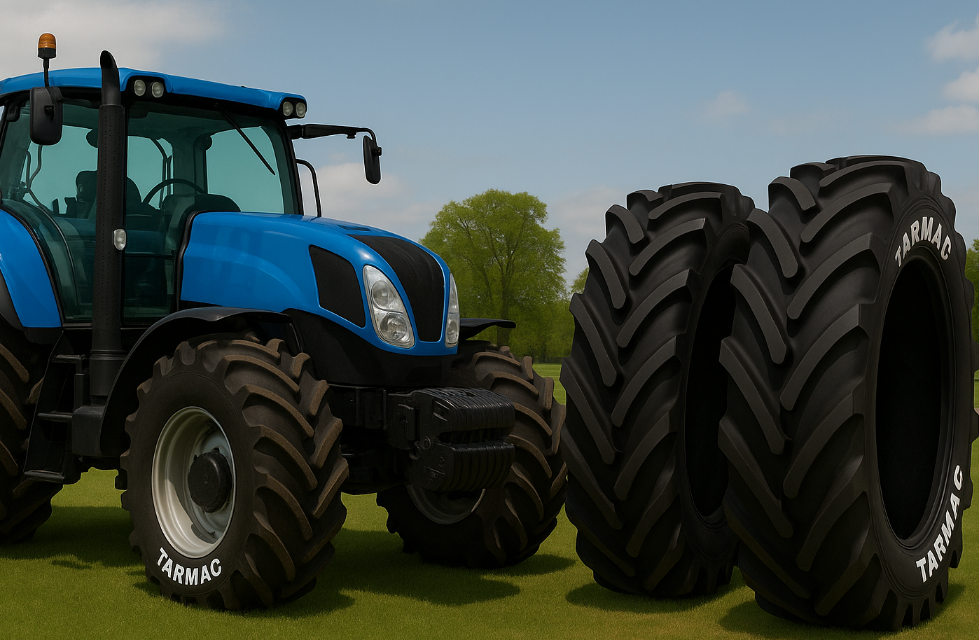 Tractor fitted with agricultural tyres – heavy-duty tread pattern
