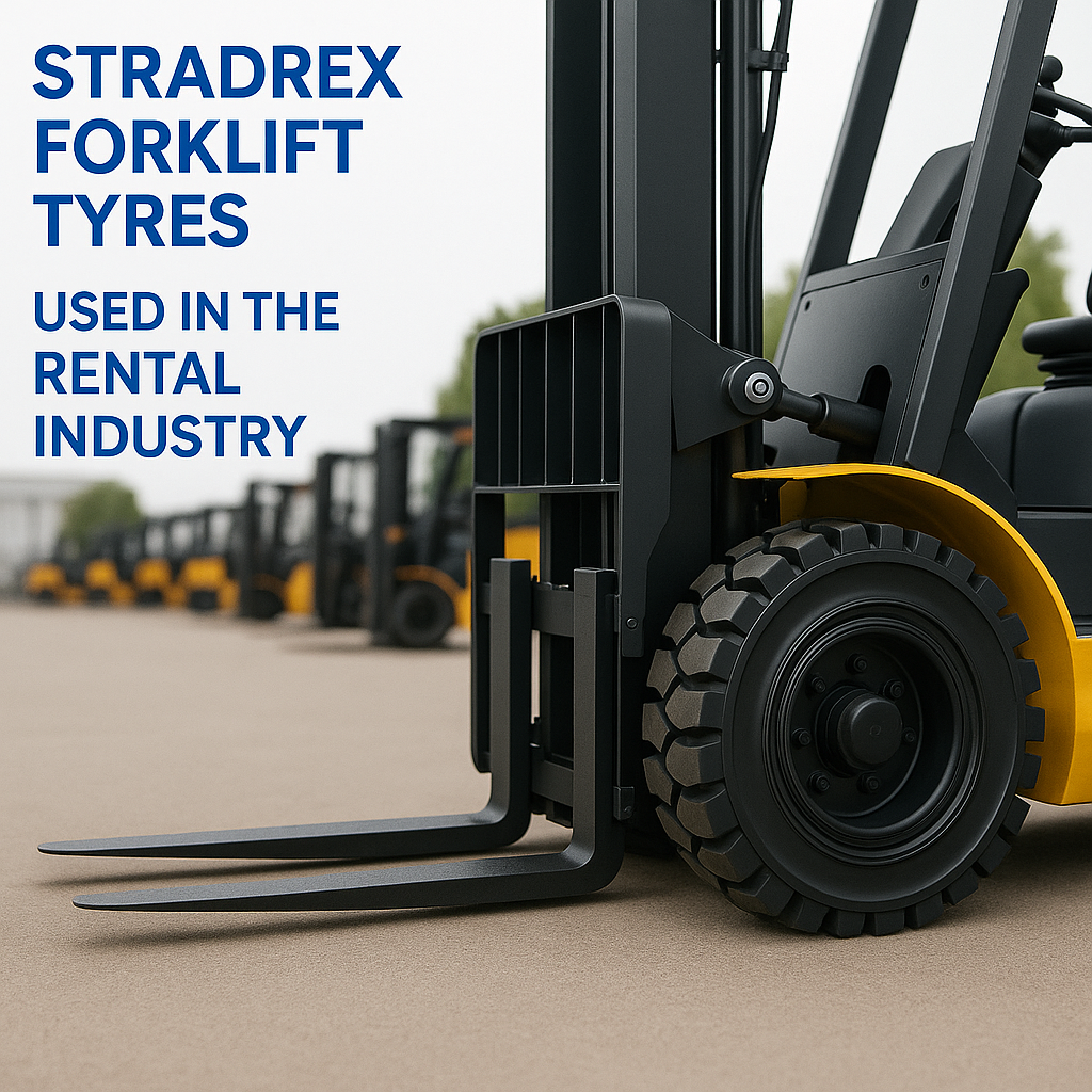Forklift equipped with Stradrex solid tyres operating in an outdoor rental yard